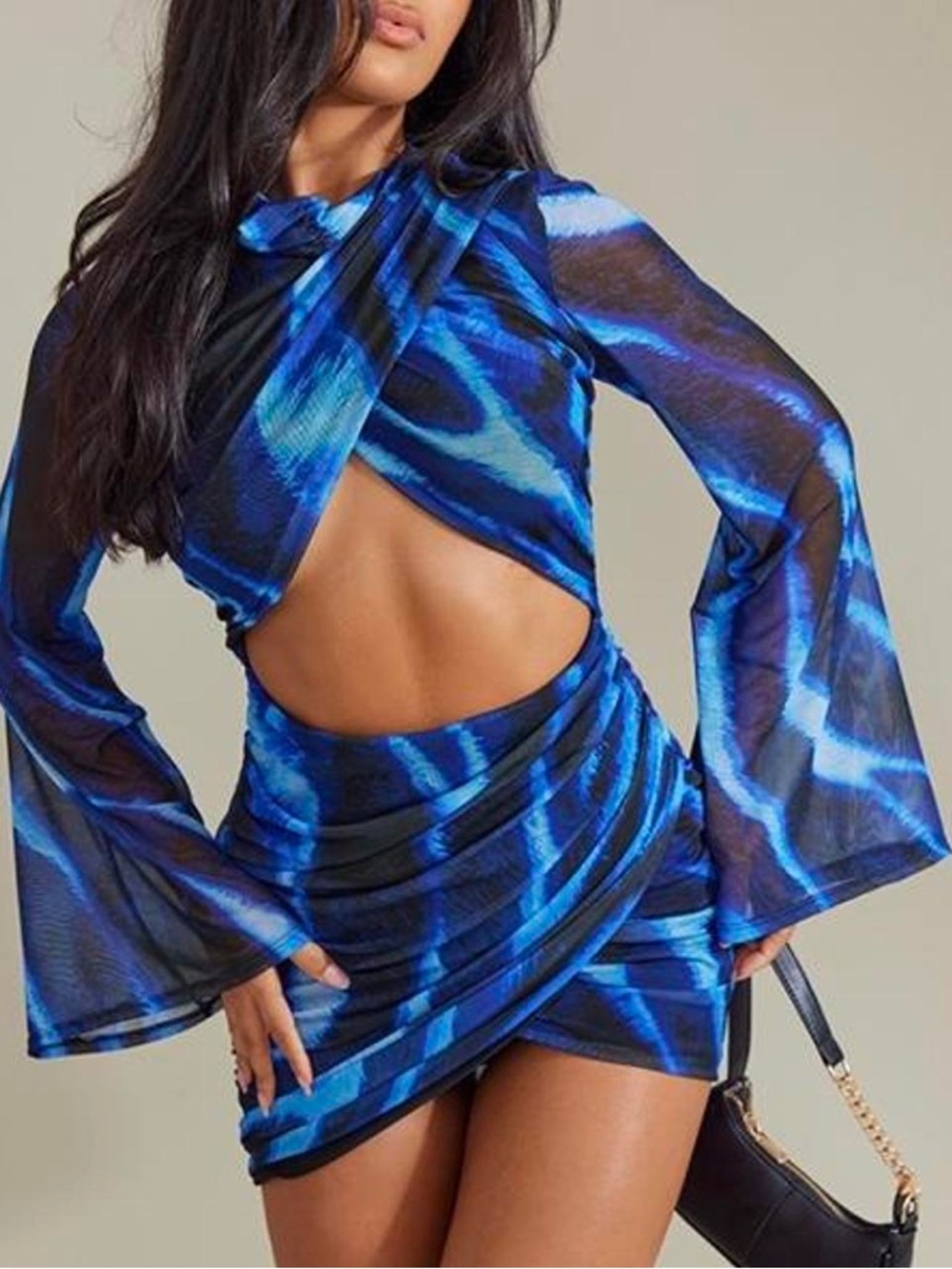 PrettyLittleThing Blue Mesh Cut-Out Mini Dress